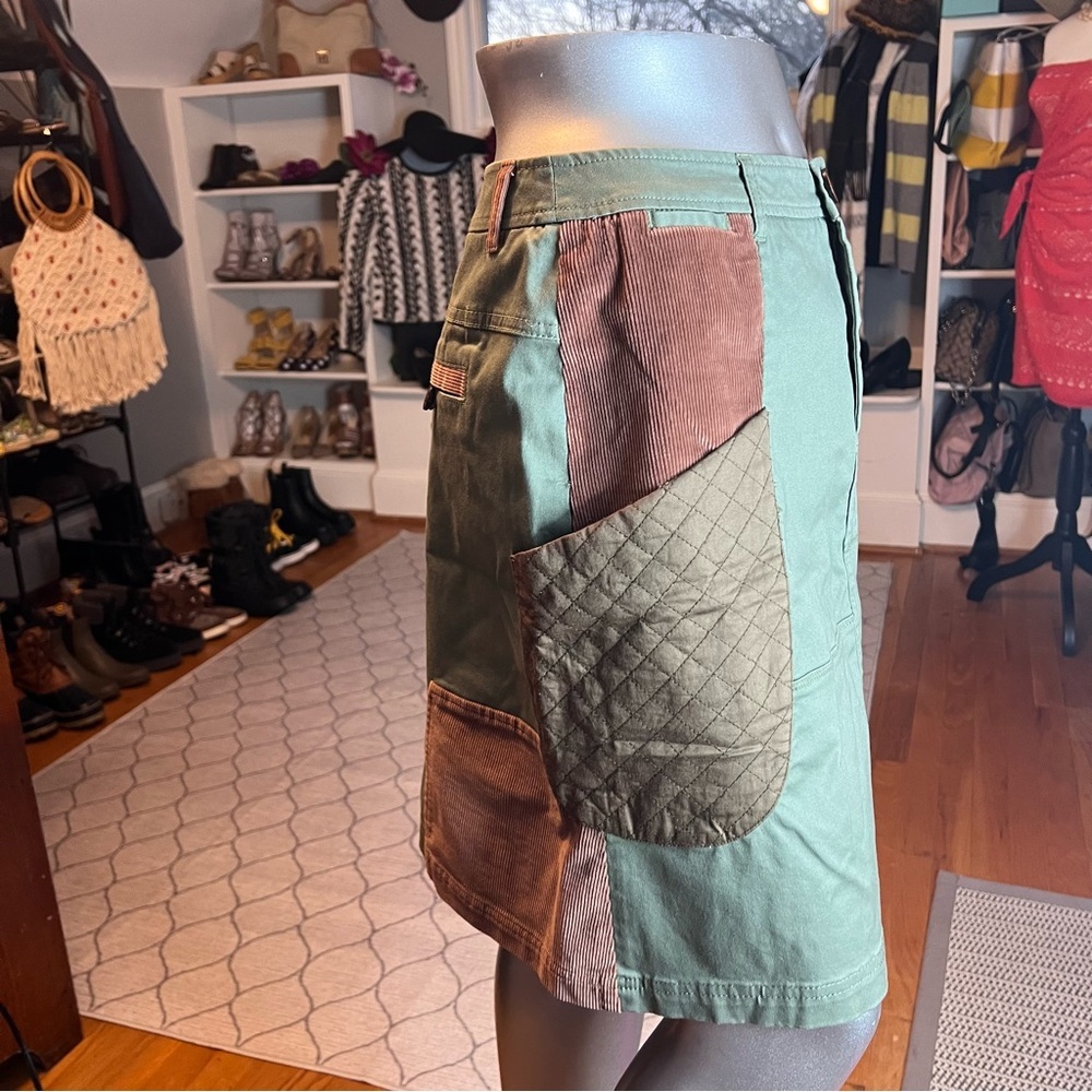 Meadow Rue Anthropologie Green Brown A-Line Patchwork Quilted Pocket Skirt Sz 4 - Picture 6 of 9